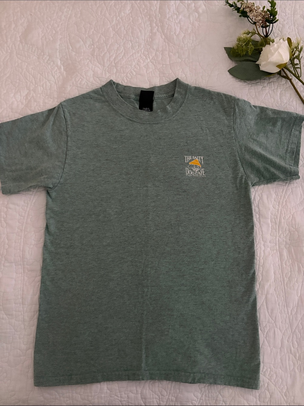 Hanes Short Sleeve Tee in Sage Green with Chest Logo SALTY DOG CAFE